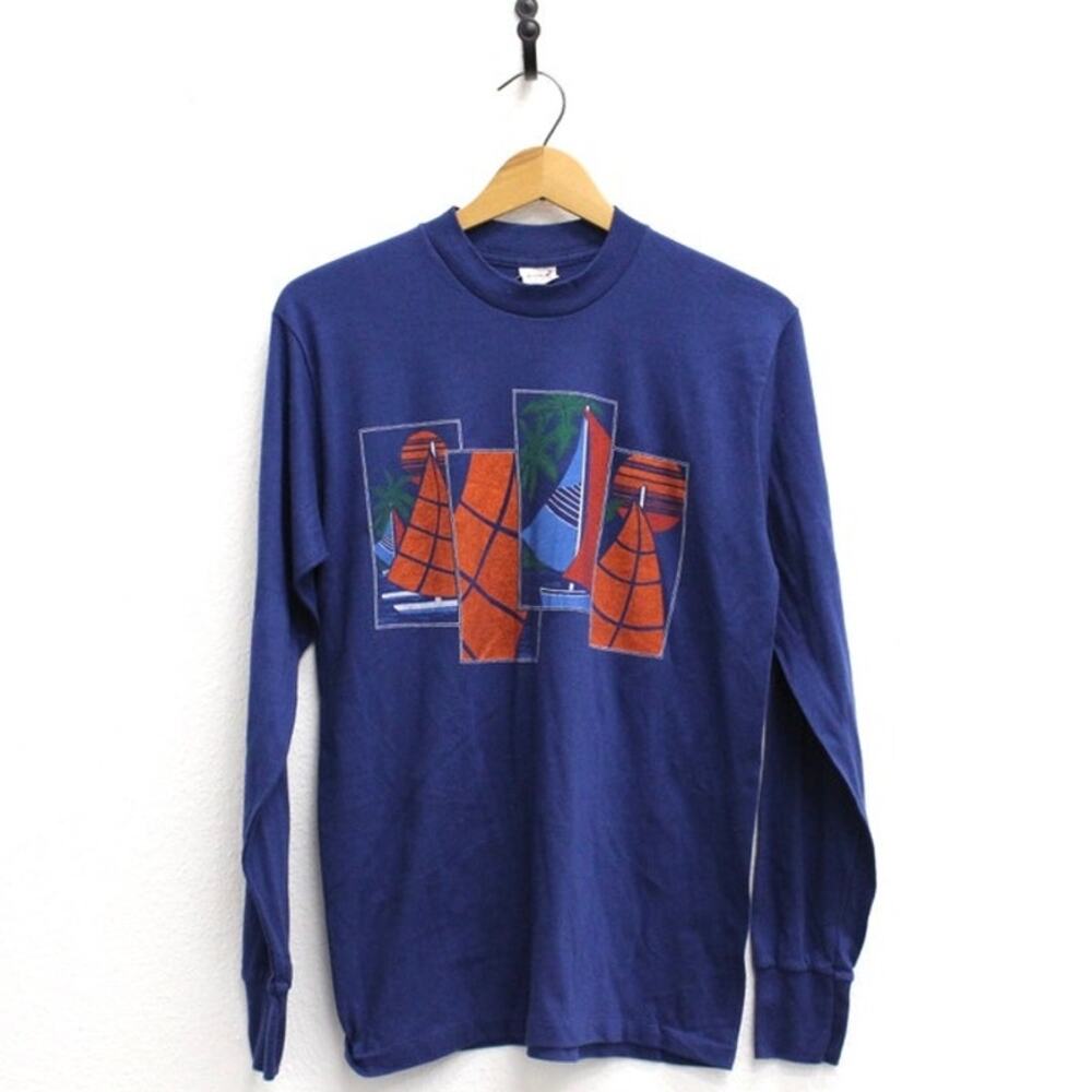 Vintage 80s Sailboat Nautical Blue Long Sleeve T-Shirt Large